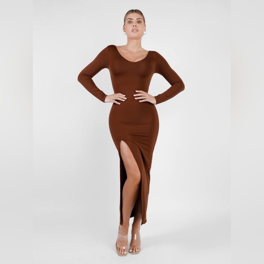 Popilush Built-In Shapewear Long Sleeve V-neck Split Maxi Dress